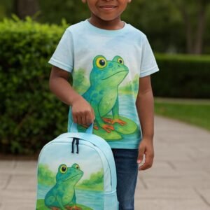 Ferdi the Frog, main character in the Ferdi and Friends book series, graces the front of both a child's tee and backpack
