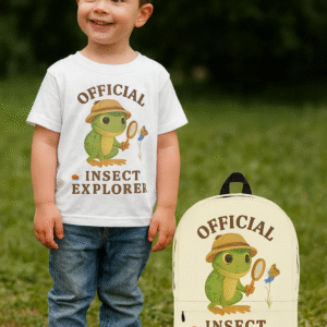 A five year old boy on his first day of school wears the Official Insect Explorer Tee and carries the matching backpack