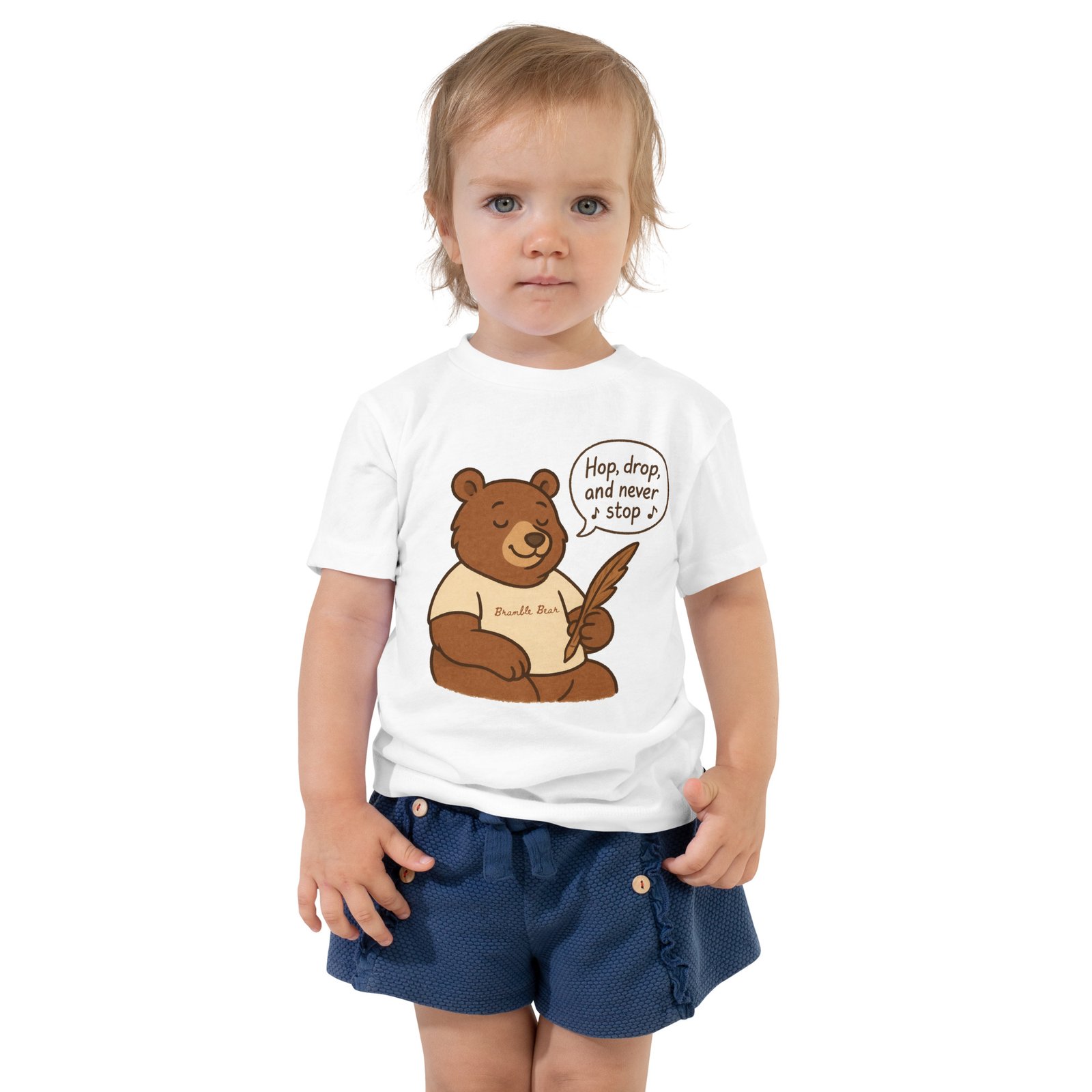 Bramble the Bear, the gentle forest poet, graces the front of a toddler tee