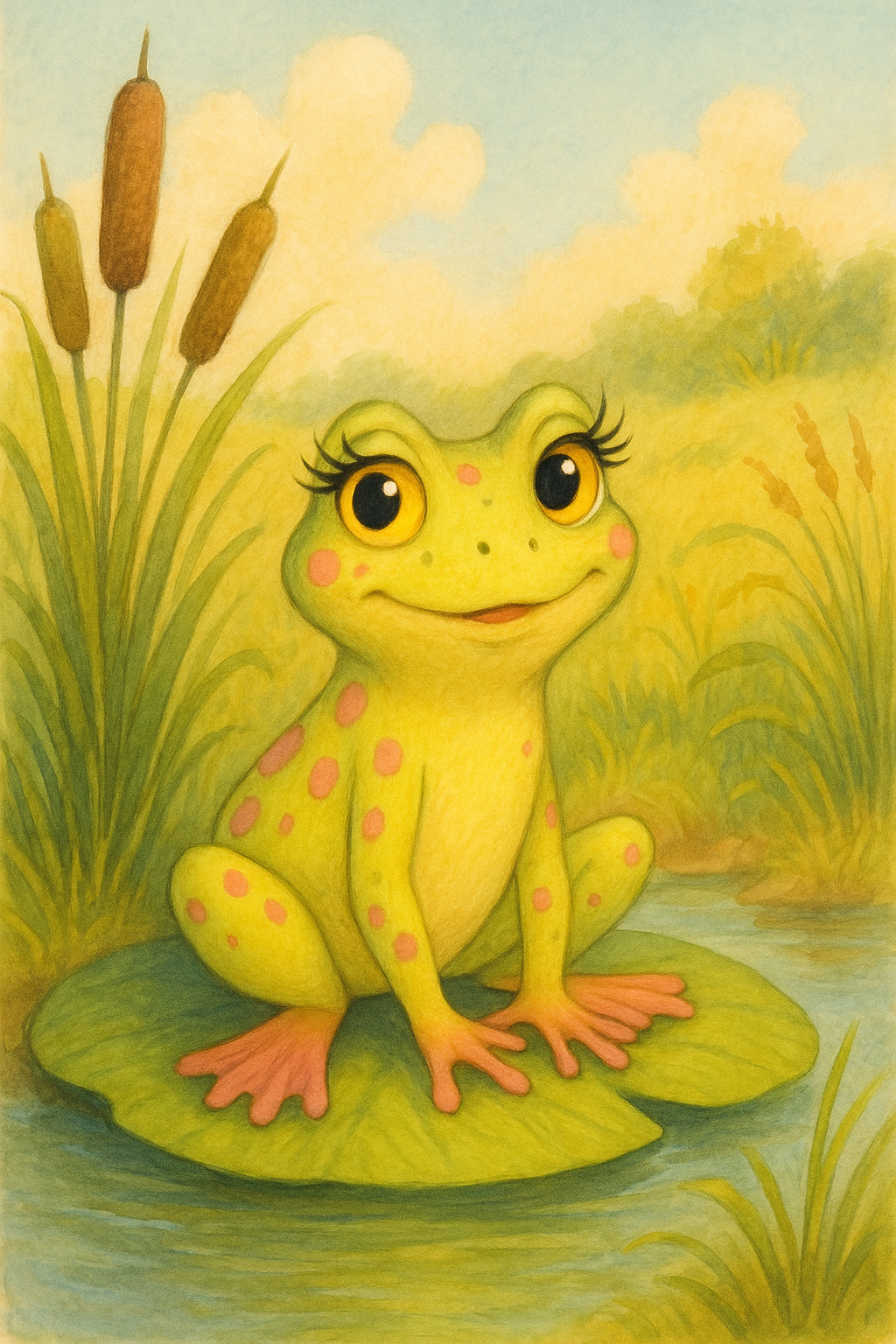 Fiona the frog sitting on a lily pad