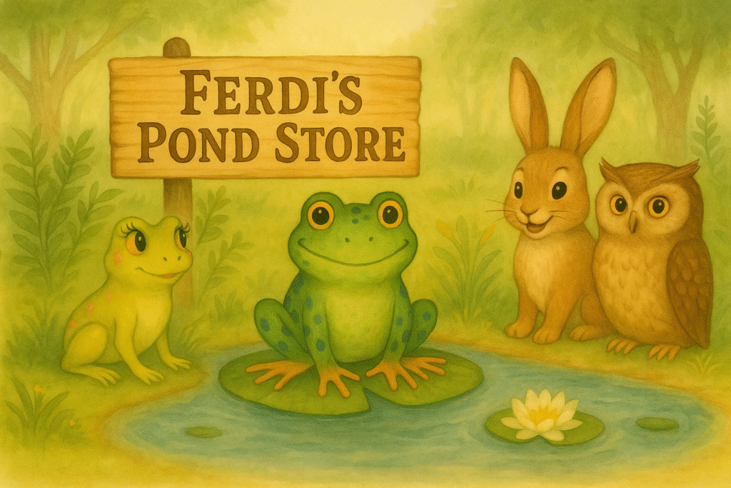 Illustration of Ferdi of Friends, header for Ferdi's Pond Store