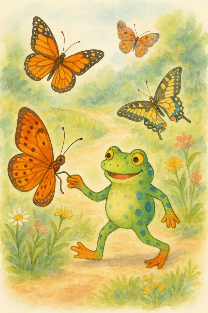 Watercolor illustration of Ferdi the Frog taking a walk wth his friend Freddy the Fritillary