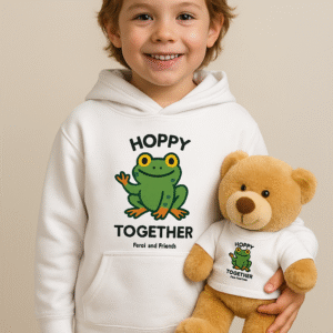 Child wearing a white hoodie with an image of Ferdi the Frog on it with saying Hoppy Together