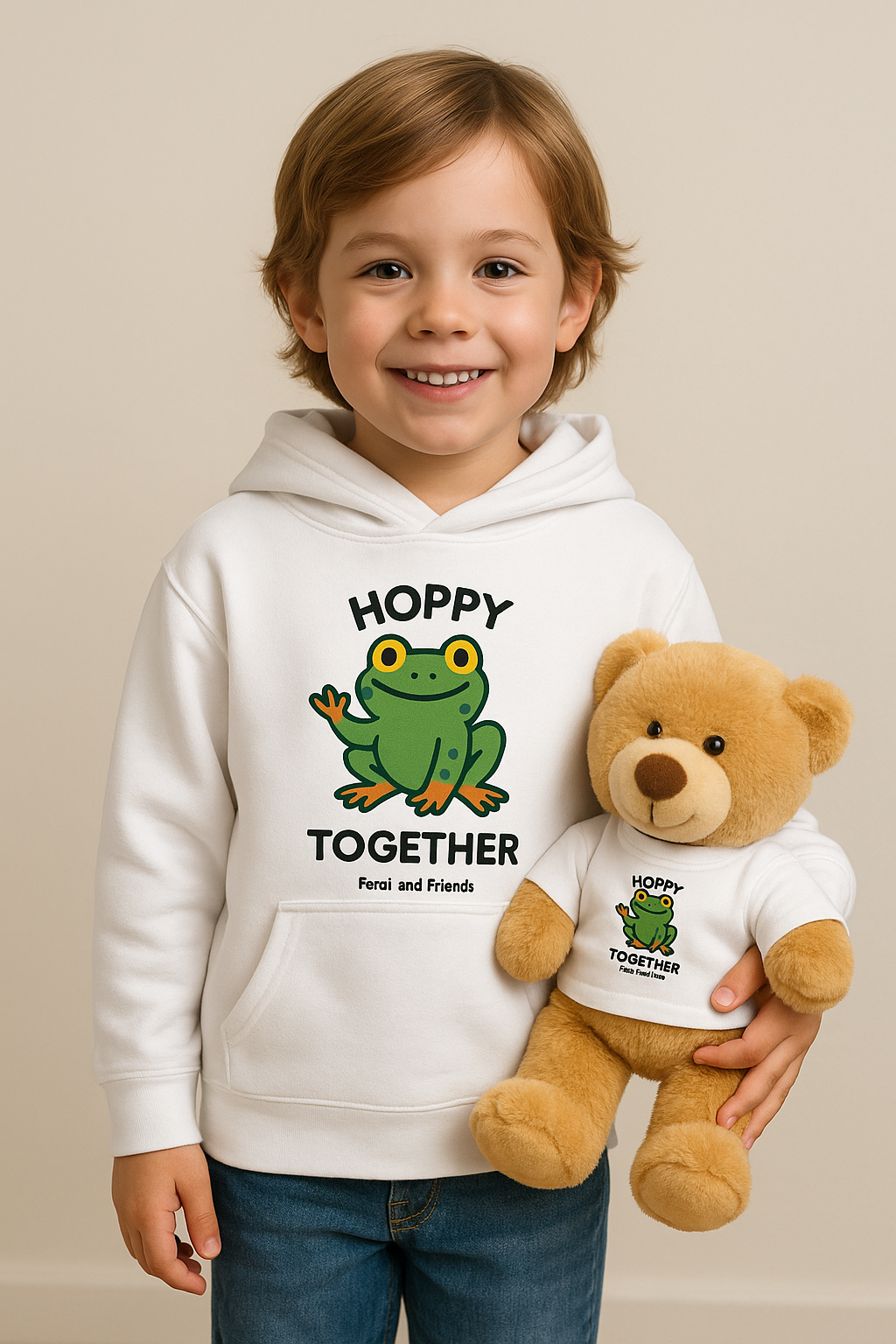 Child wearing a white hoodie with an image of Ferdi the Frog on it with saying Hoppy Together