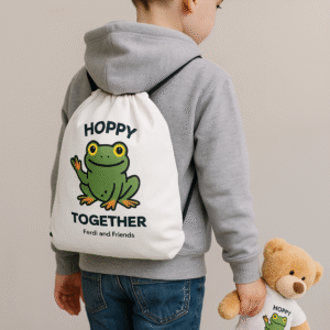 Child wearing a drawstring bag on his back with Ferdi the Frog saying Hoppy Together on the bag