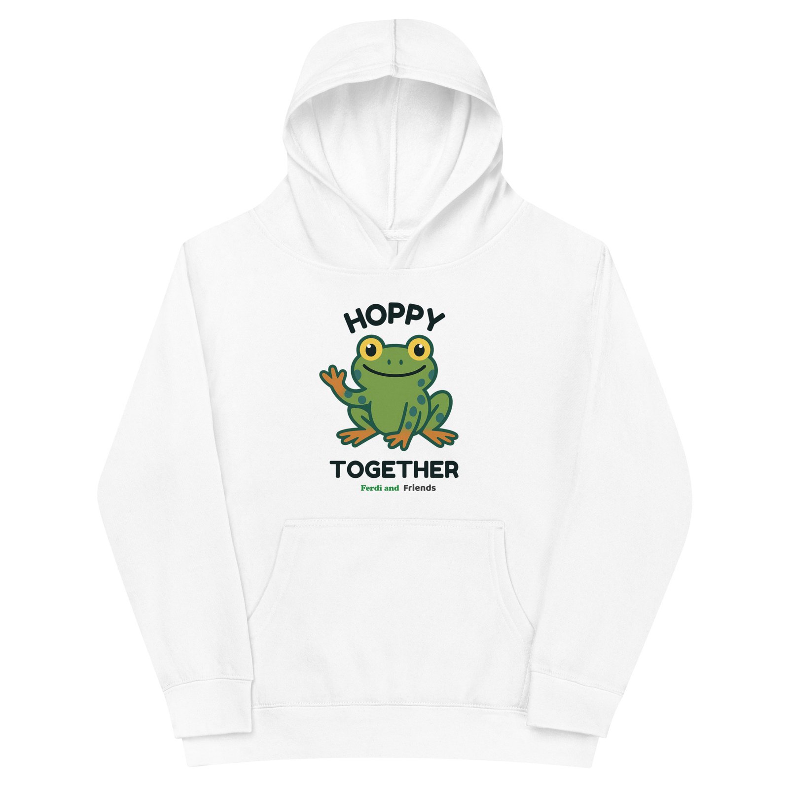 White hoodie with Ferdi the Frog image and saying Hoppy Together