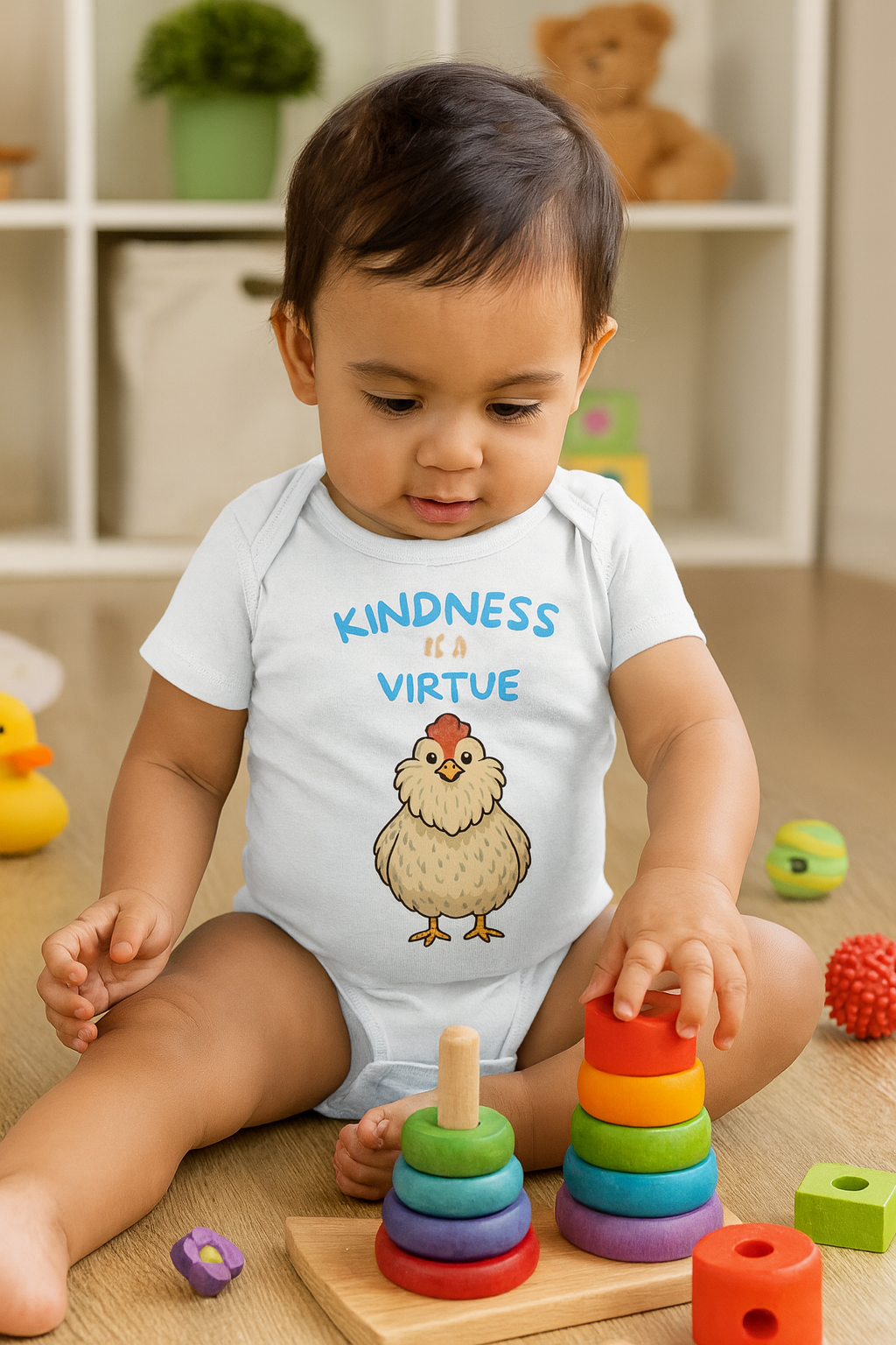 Kindness is a virtue written on cotton onesie with Sunni Day character.