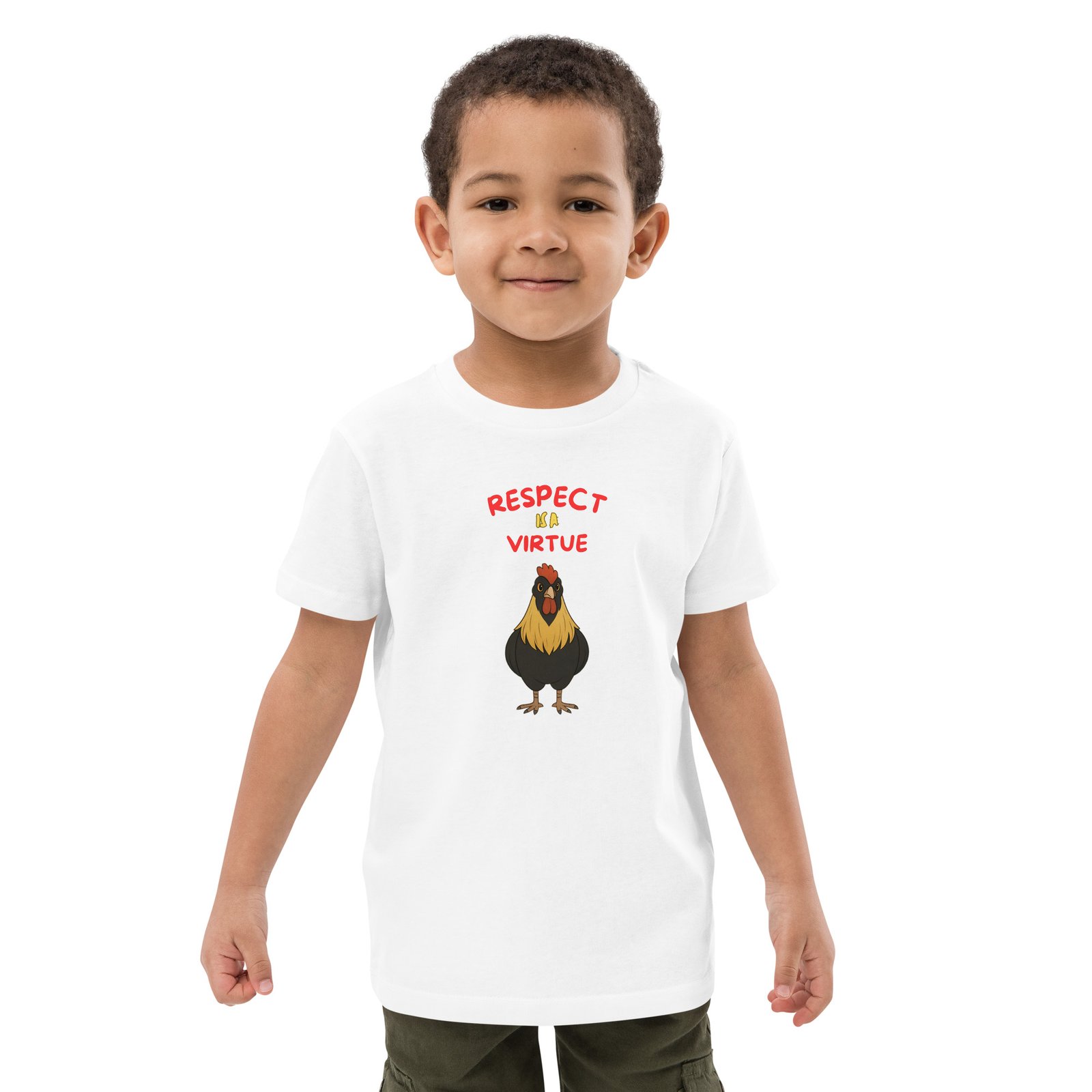 Larry the rooster on the front of a white kits cotton tee saying respect is a virtue