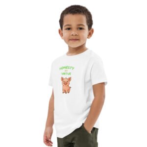 Penny the piglet on the front of a white cotton kids tee saying honesty is a virtue