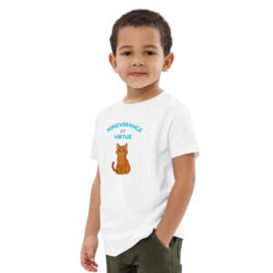 Rusty the cat on the front of a white cotton kids tee saying perseverance is a virtue