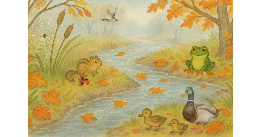 Illustration of Ferdi by the stream in a Fall scene as a chipmunk gathers nuts