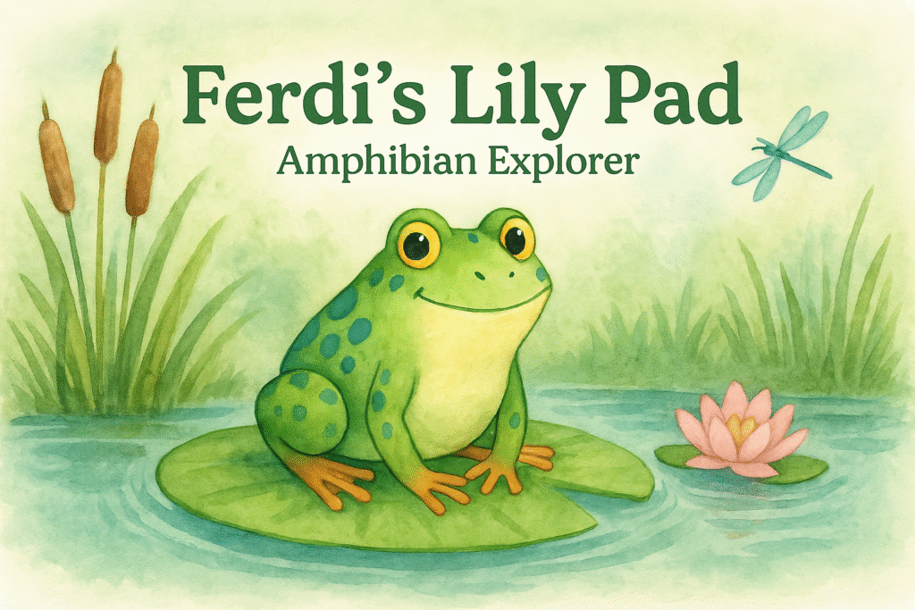 Illustrated pond with Ferdi the frog sitting on a lily pad titled Ferdi's Lily Pad, Amphibian Explorer