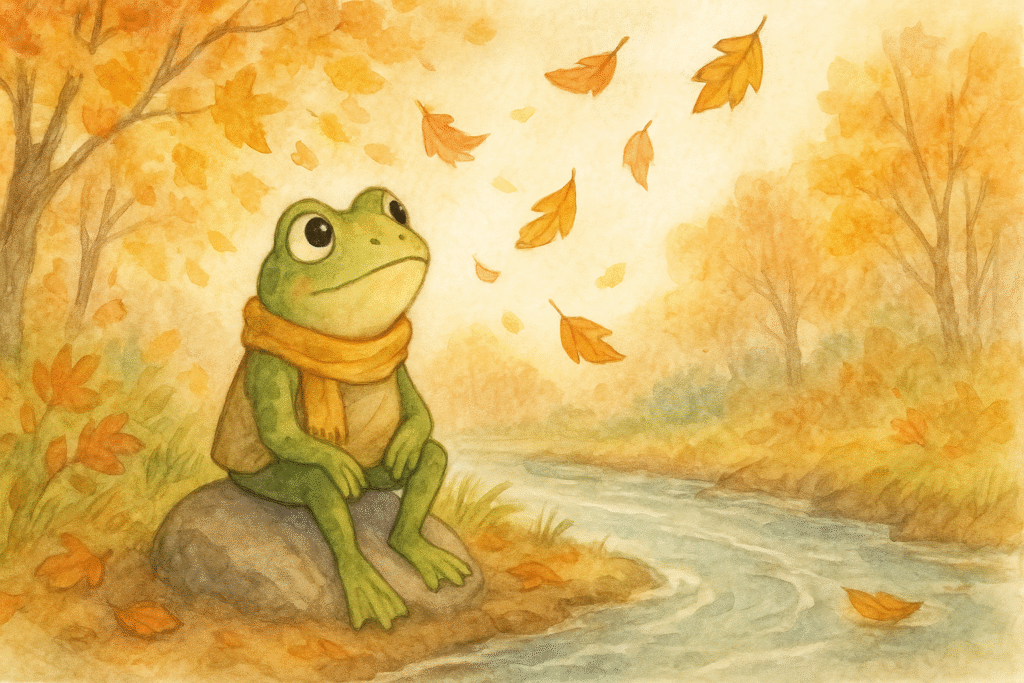Ferdi the frog sits on a rock by the stream as fall leaves drift around him