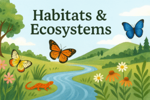 Illustrated header image of a stream with butterflies flying over it