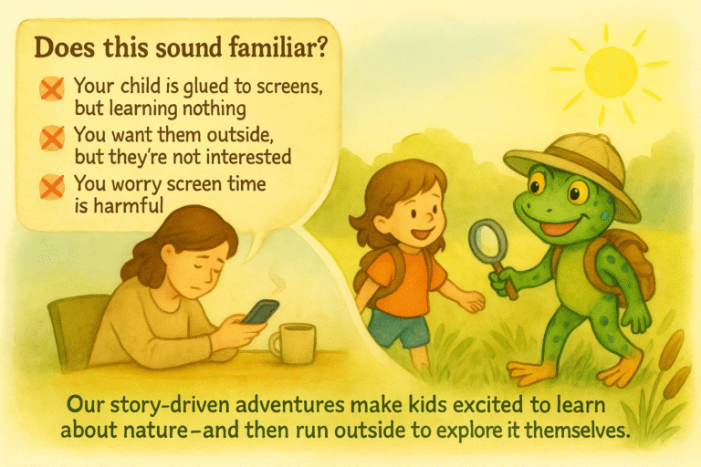 illustration of frog with explorer hat on playing with child