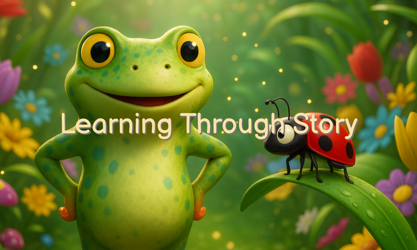 Ferdi the frog teaching children about amphibians and ecology through interactive storytelling at Ferdi's Pond